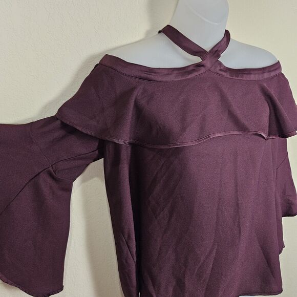 New LOFT Halter Blouse Size Medium Ruffle Off Shoulder Top Bell Sleeve Formal - Picture 6 of 13